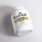 Ecovital Advanced 100% Whey Protein Isolate container on a light gray background