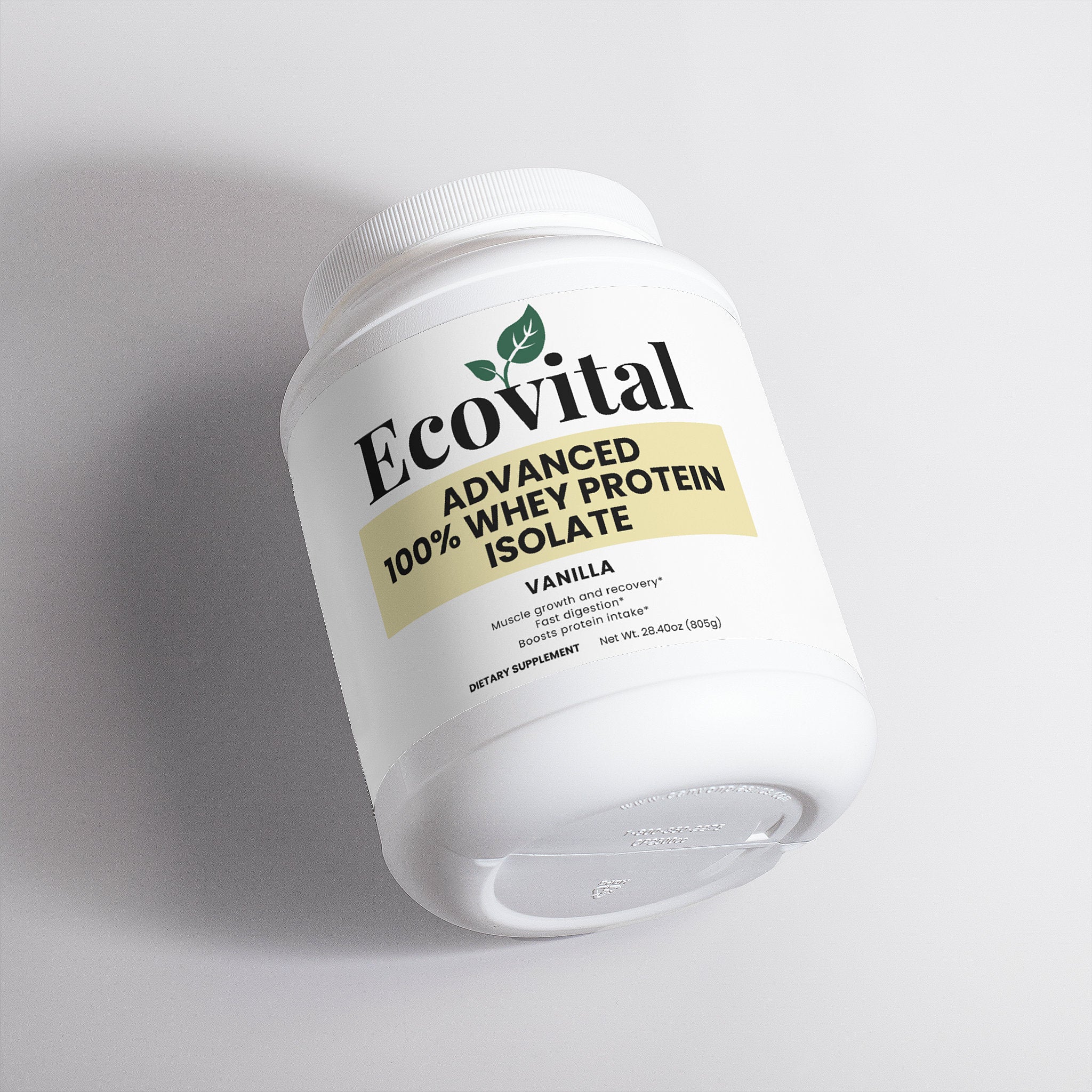 Ecovital Advanced 100% Whey Protein Isolate container on a light gray background