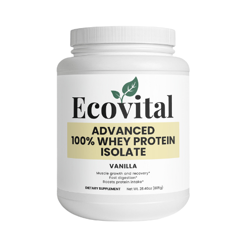 White container of Ecovital Advanced 100% Whey Protein Isolate on a white background