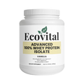 White container of Ecovital Advanced 100% Whey Protein Isolate on a white background