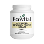 White container of Ecovital Advanced 100% Whey Protein Isolate on a white background