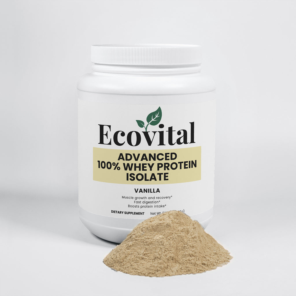 White container of Ecovital Advanced 100% Whey Protein Isolate with vanilla powder on a white background