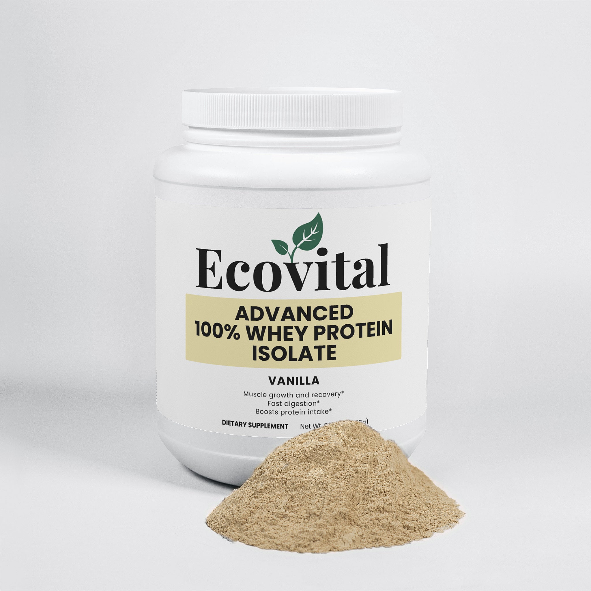 White container of Ecovital Advanced 100% Whey Protein Isolate with vanilla powder on a white background