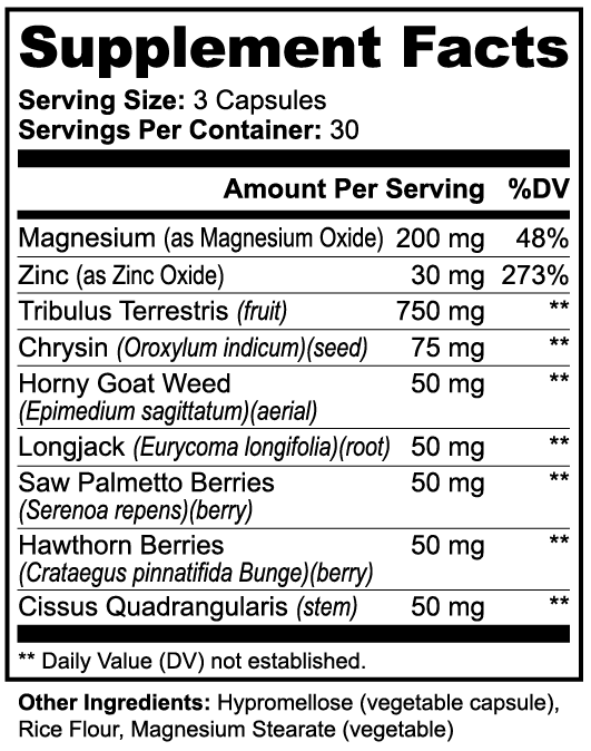 Supplement facts label with various ingredients and their amounts per serving