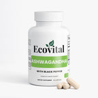 Ecovital Ashwagandha supplement bottle with capsules on a white background