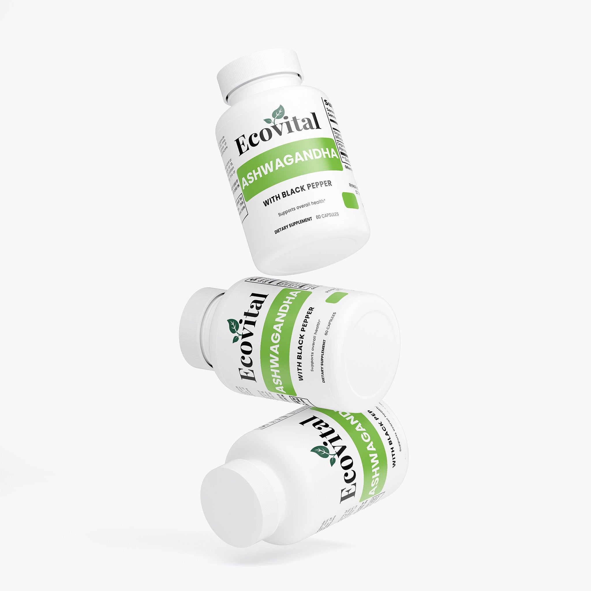 Three bottles of Ecovital Shwagandha supplement on a white background