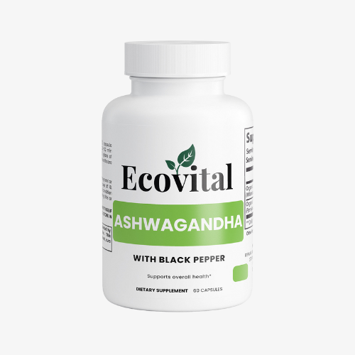 Ecovital Ashwagandha supplement bottle on a white background