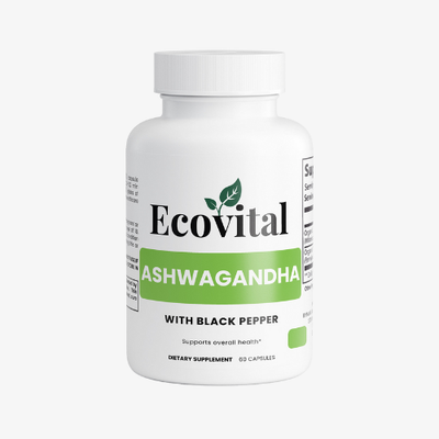 Ecovital Ashwagandha supplement bottle on a white background