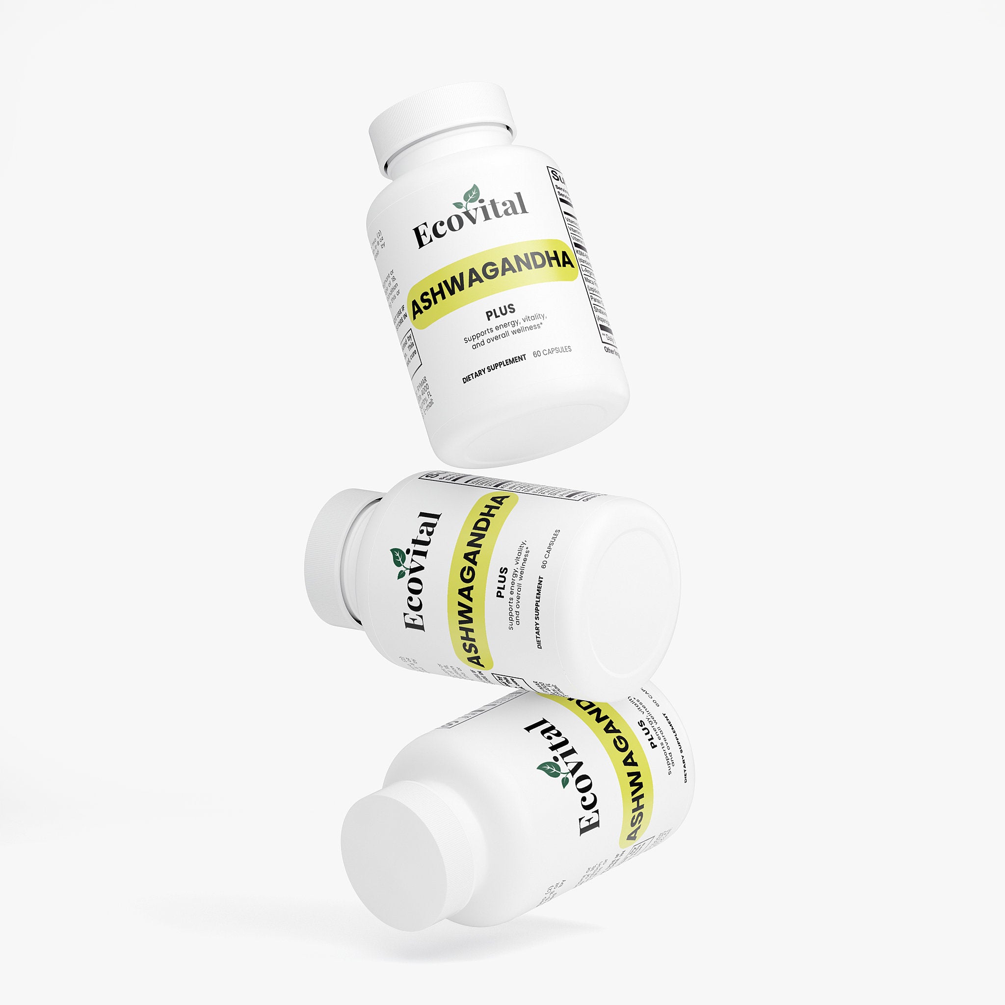 Three bottles of Ecovital Ashwagandha Plus on a white background