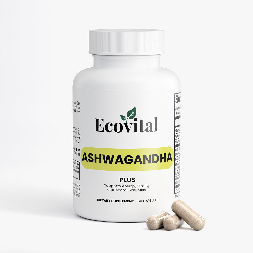 Ecovital Ashwagandha supplement bottle with capsules on a white background