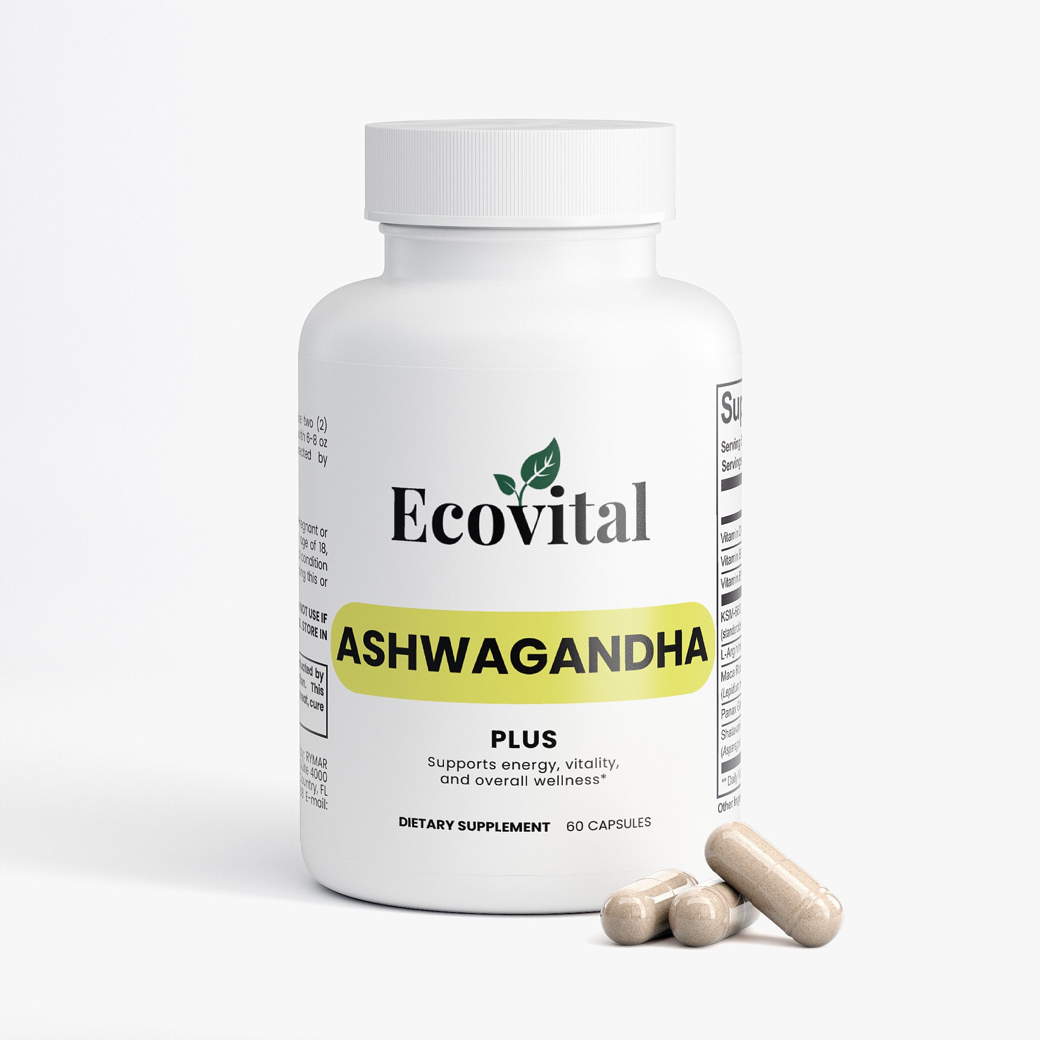 Ecovital Ashwagandha supplement bottle with capsules on a white background