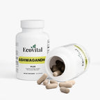 Ecovital Ashwagandha supplement bottle with open cap showing capsules on a white background
