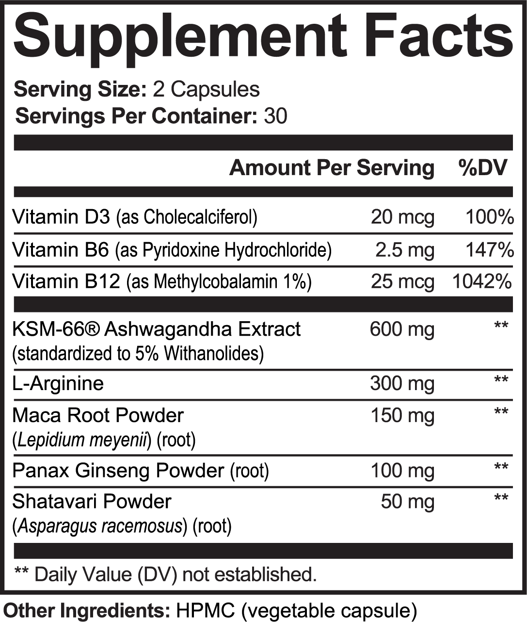 Supplement facts label with various vitamins and extracts listed on a white background