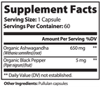 Supplement facts label with Ashwagandha and Black Pepper on a white background