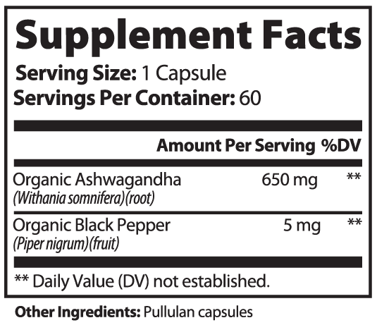 Supplement facts label with Ashwagandha and Black Pepper on a white background