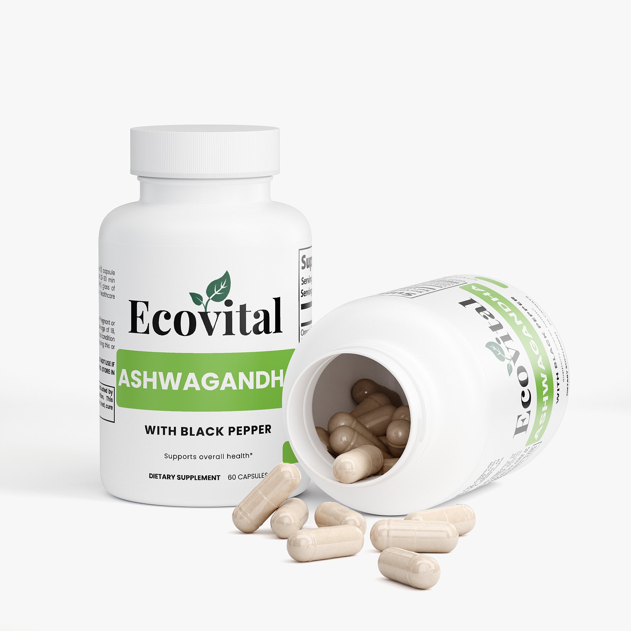 Ecovital Ashwagandha supplement bottle with open cap showing capsules on a white background