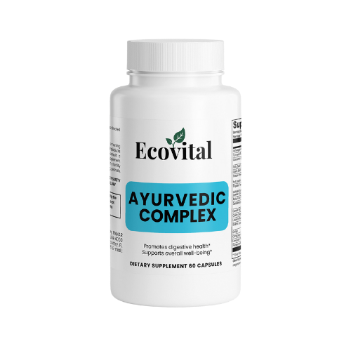 Supplement bottle labeled 'Ayurvedic Complex' by Ecovital on a white background