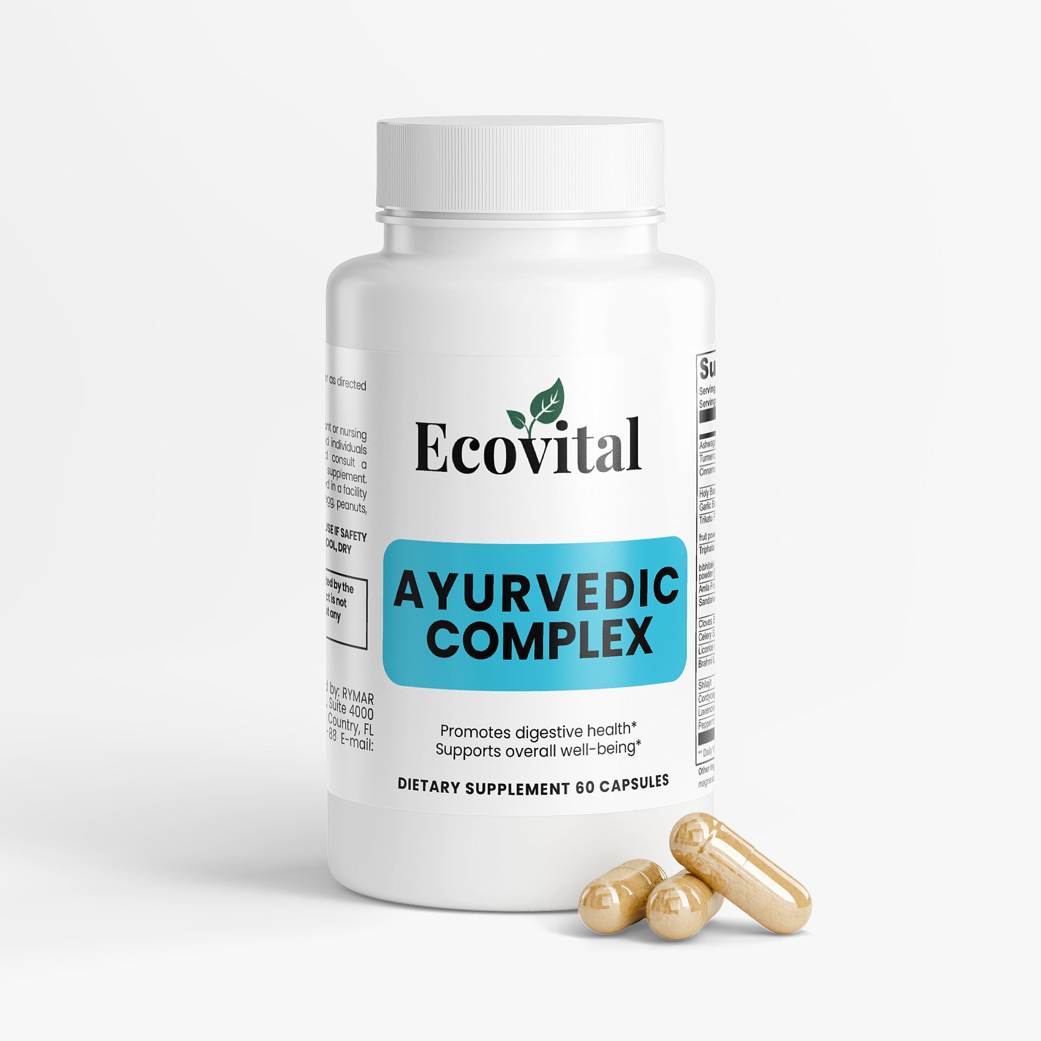 Ecovital Ayurvedic Complex supplement bottle with capsules on a white background
