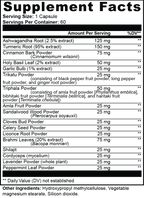 Supplement facts label with various herbal ingredients and their amounts per serving.