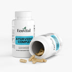 Ecovital Ayurvedic Complex supplement bottle with open cap showing capsules on a white background