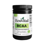 Ecovital BCAA supplement container with black lid on a white background