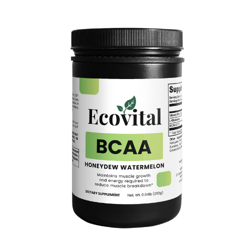 Ecovital BCAA supplement container with black lid on a white background