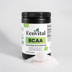 Ecovital BCAA supplement container with a scoop of powder on a light gray background