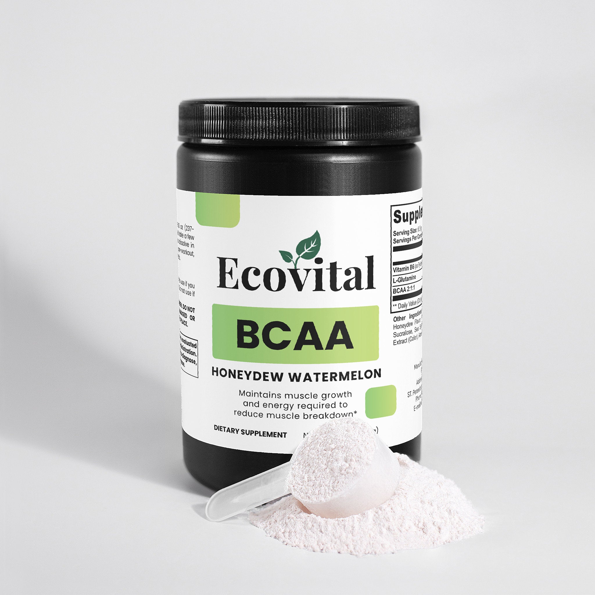 Ecovital BCAA supplement container with a scoop of powder on a light gray background