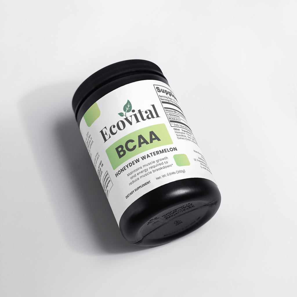 Container of Ecovital BCAA supplement on a light gray background