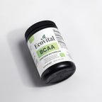 Container of Ecovital BCAA supplement on a light gray background