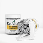 Ecovital Bee Bread Powder packaging with open container on a white background