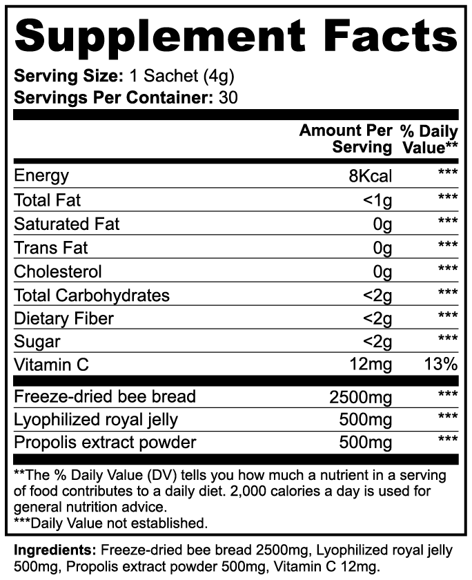 Supplement facts label with nutritional information and ingredients on a white background