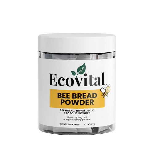 Jar of Ecovital Bee Bread Powder on a white background