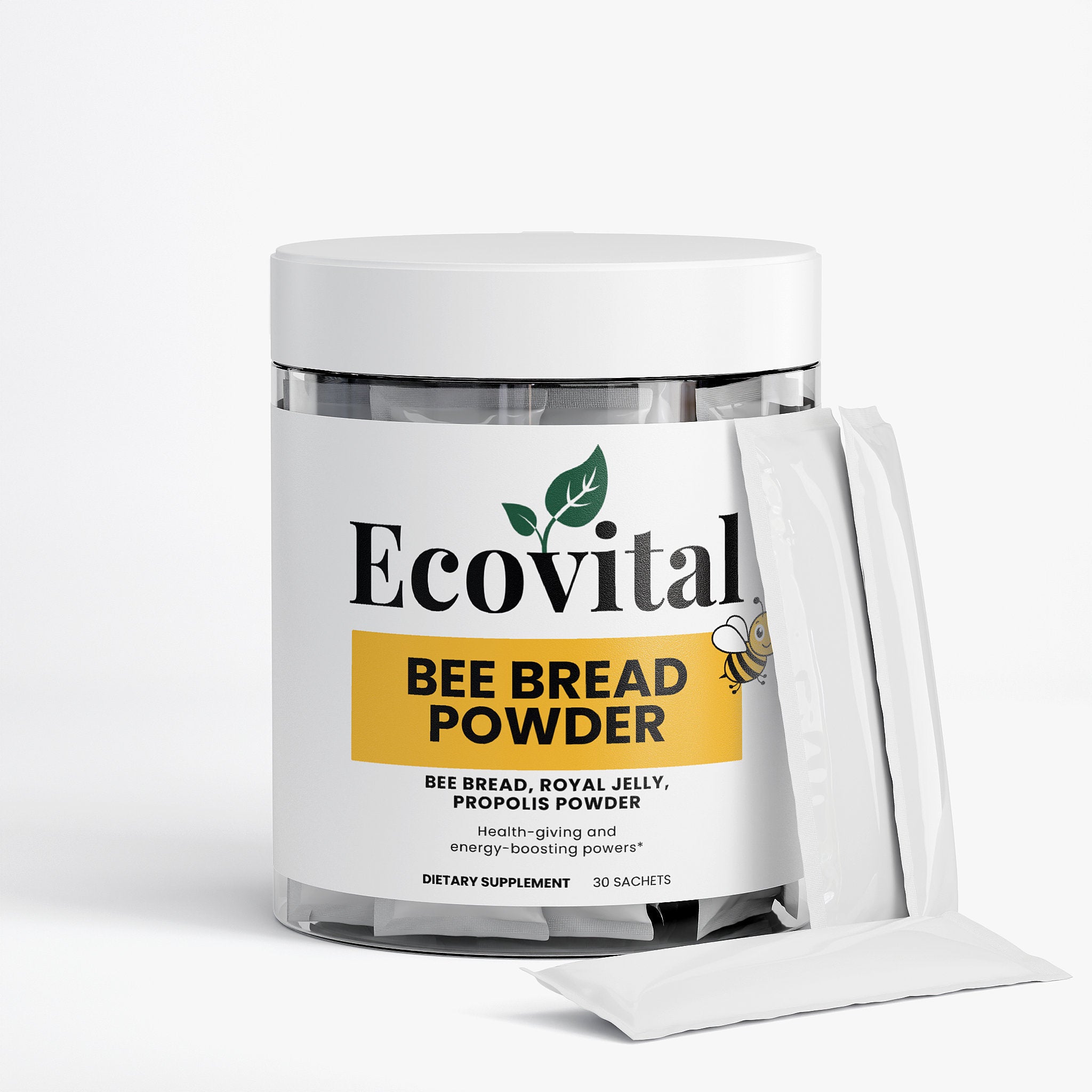 Jar of Ecovital Bee Bread Powder on a white background