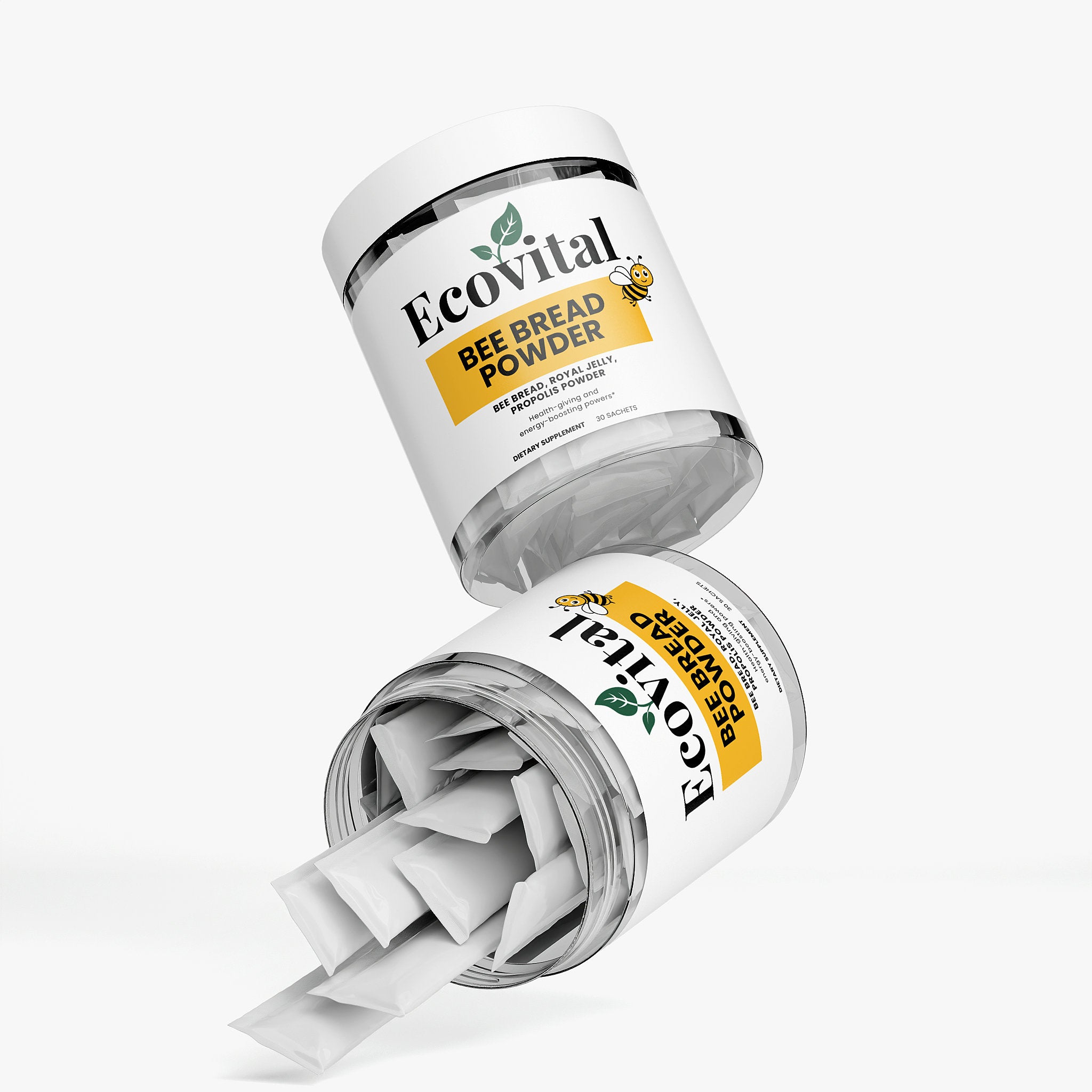 Jar of Ecovital Bee Bread Powder on a white background