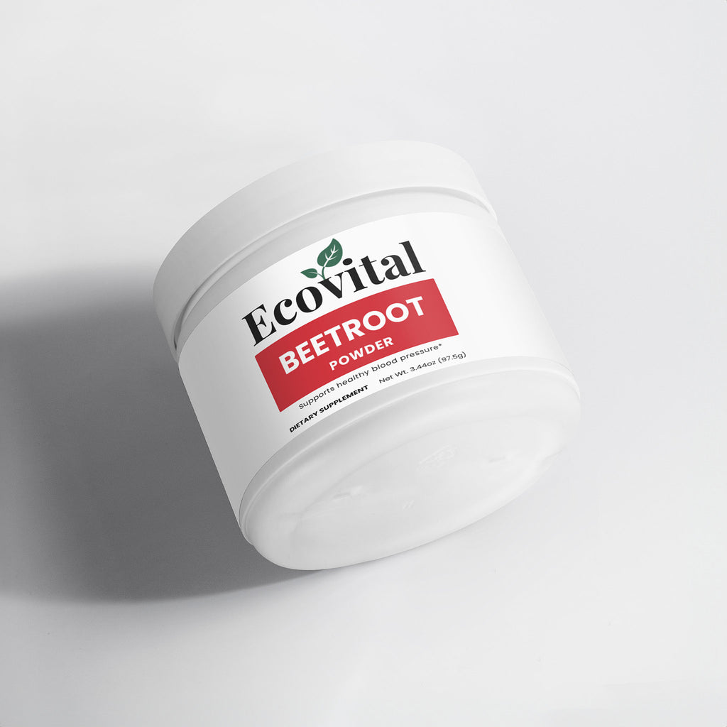 Jar of Ecovital Beetroot Powder on a light gray background