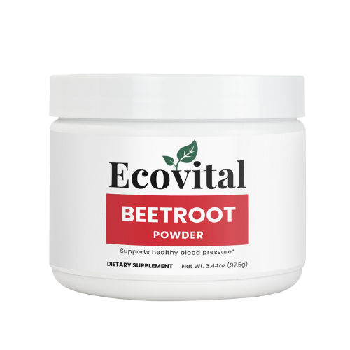 Jar of Ecovital Beetroot Powder on a white background