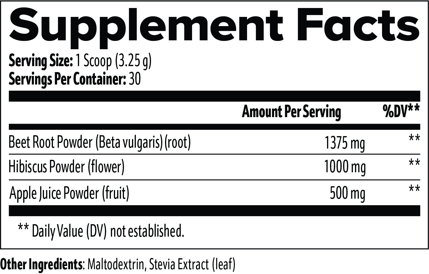 Supplement facts label with ingredients and their amounts per serving