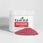 Jar of Ecovital Beetroot Powder with beetroot powder spilling out on a white background