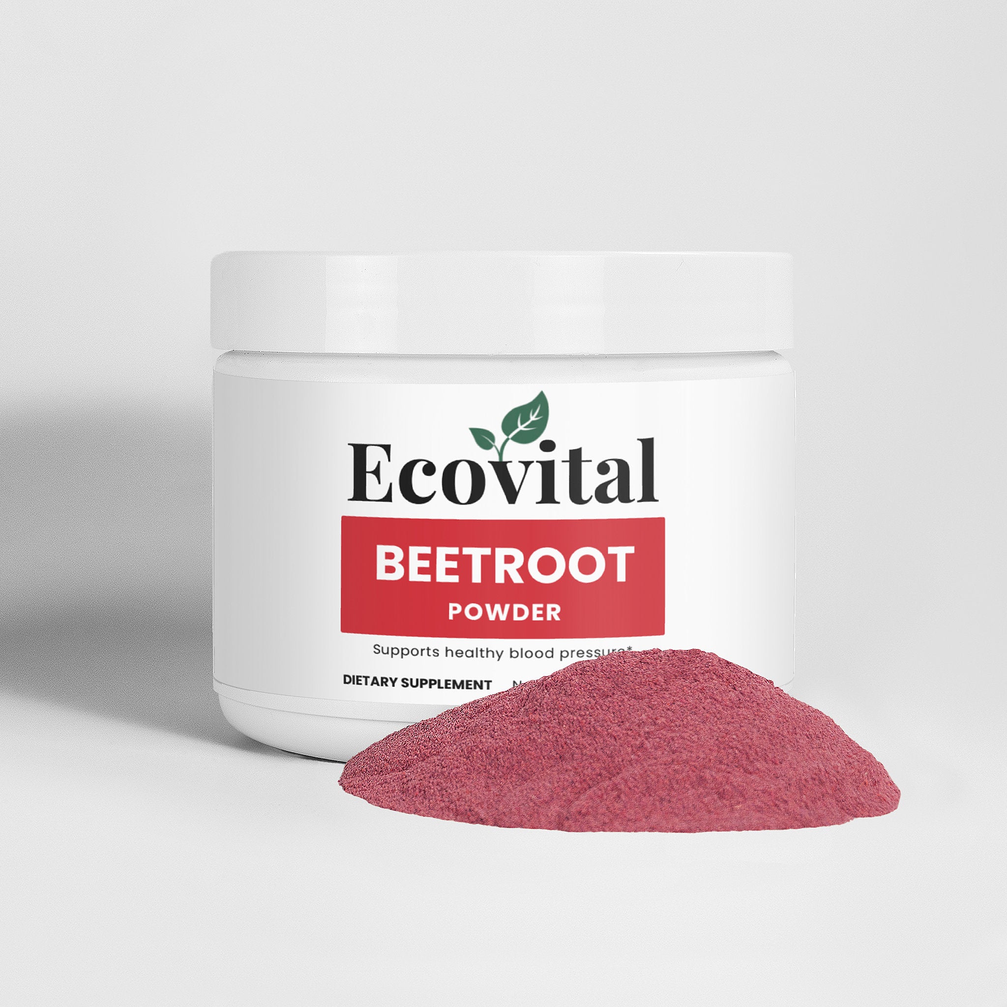 Jar of Ecovital Beetroot Powder with beetroot powder spilling out on a white background