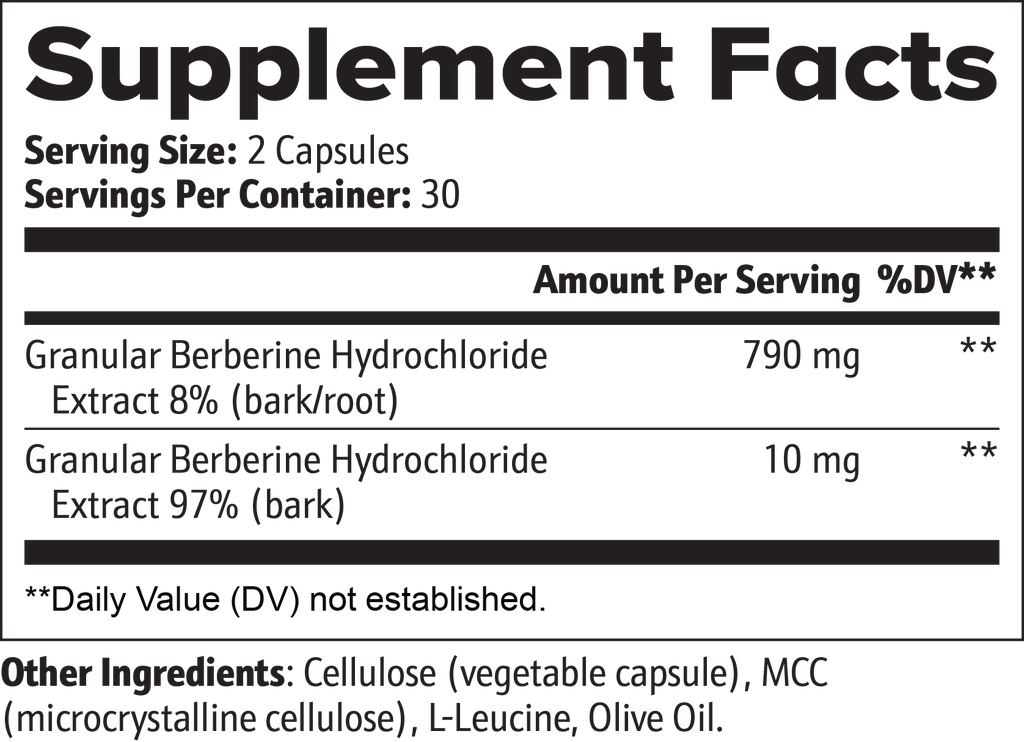 Supplement facts label for a product containing Berberine Hydrochloride with serving size and container details.