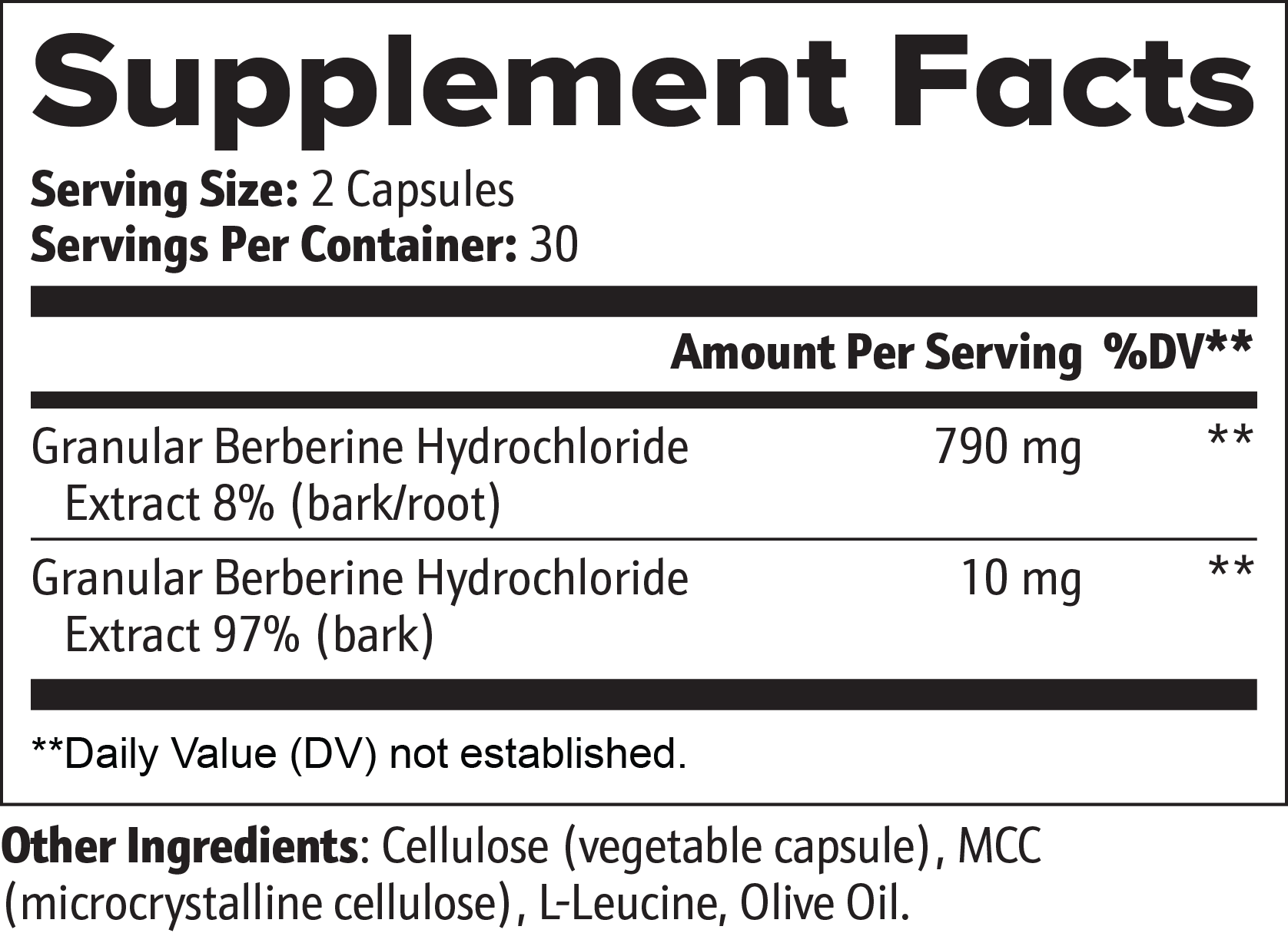 Supplement facts label for a product containing Berberine Hydrochloride with serving size and container details.