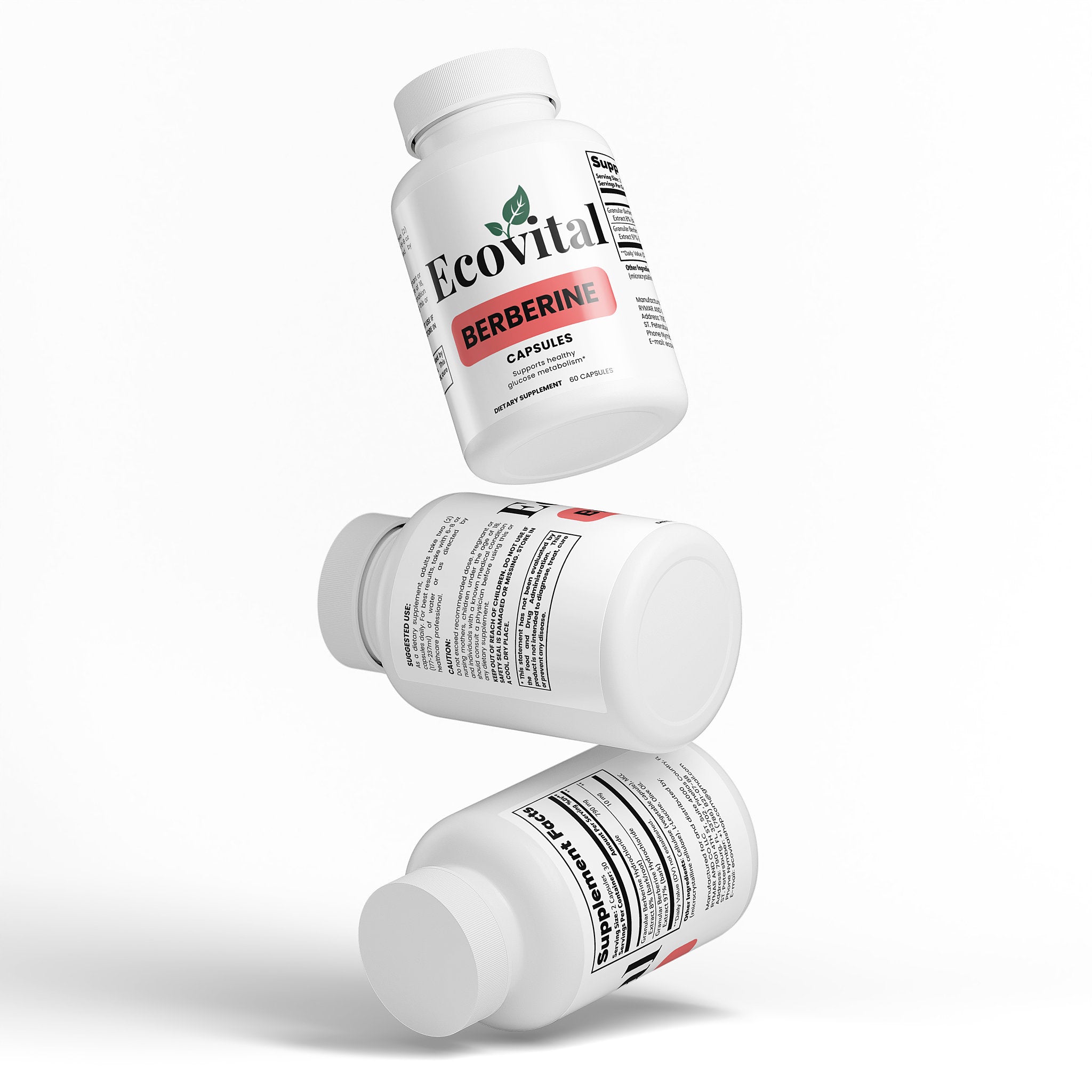 Three bottles of Ecovital Berberine capsules on a white background