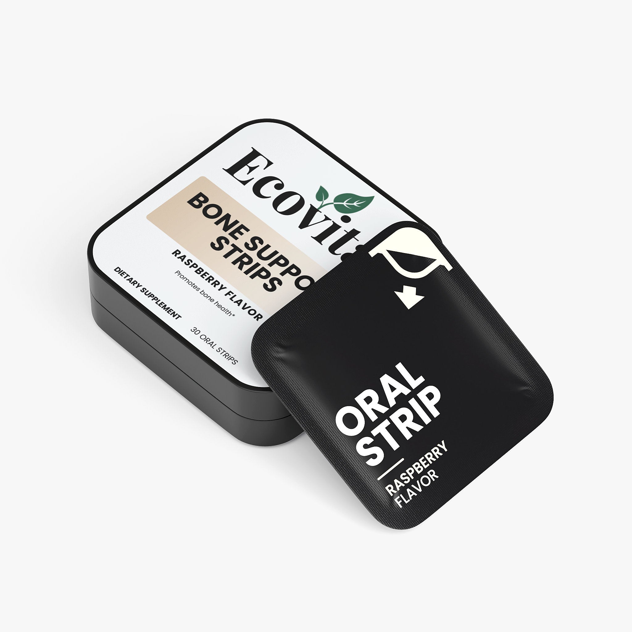 Black box with 'Ecovit' branding and 'Oral Strip' text on a white background