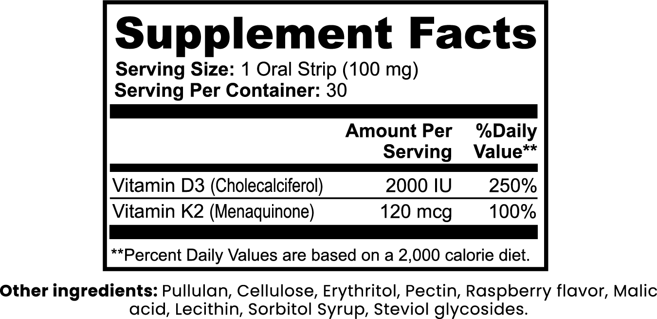 Supplement facts label with vitamins D3 and K2 on a white background