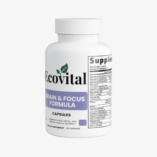 Supplement bottle labeled 'Ecovital Brain & Focus Formula' on a white background