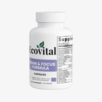 Supplement bottle labeled 'Ecovital Brain & Focus Formula' on a white background