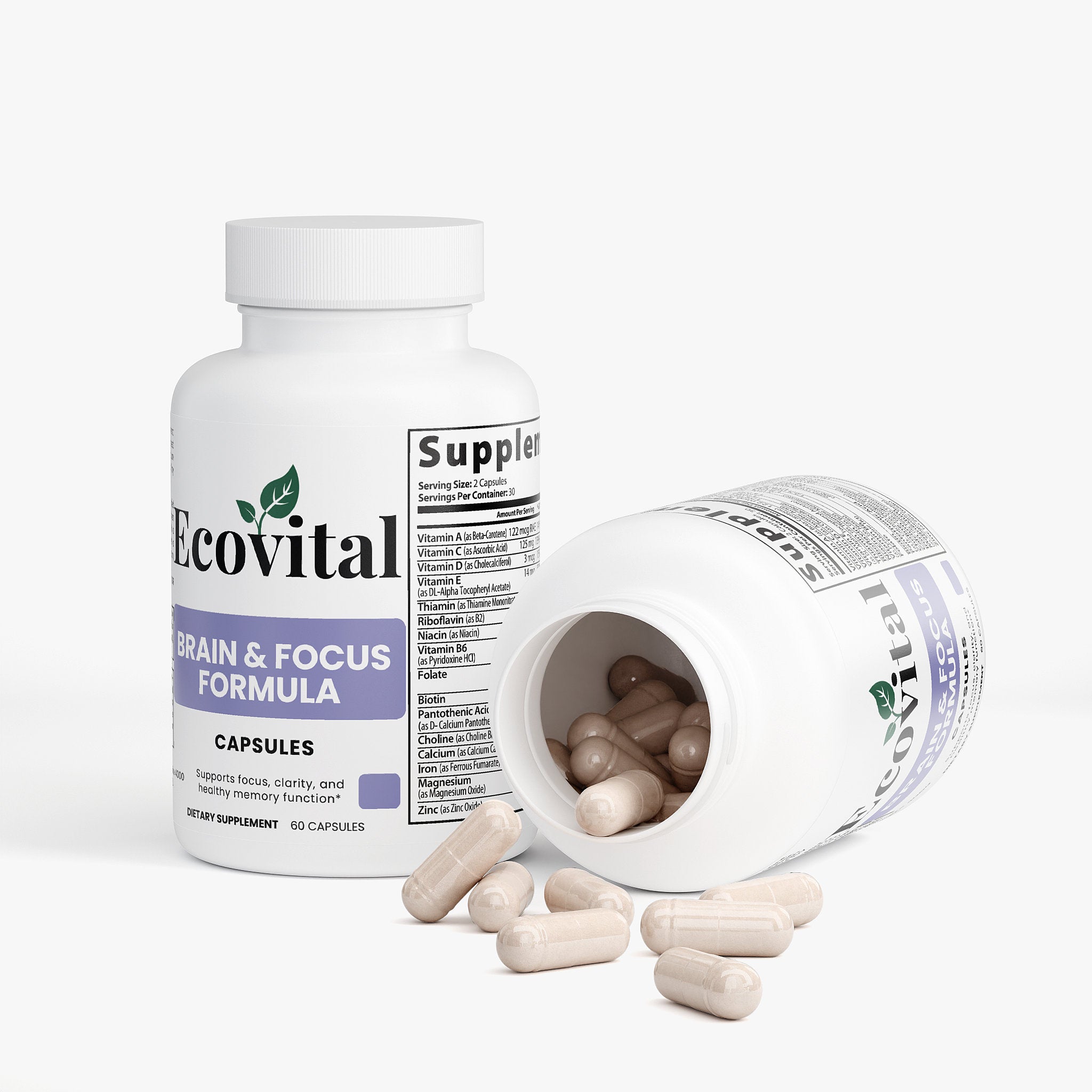 Ecovital brain and focus formula capsules on a white background