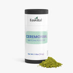 Ceremonial matcha powder container with green powder on a white background