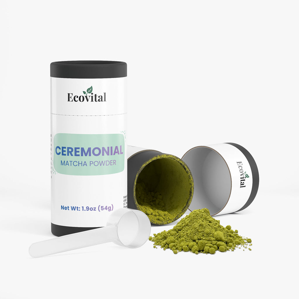 Ecovital ceremonial matcha powder with open container and scoop on a white background